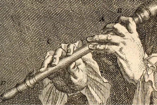 Grafisk bild. Närbild på händer som spelar flöjt.